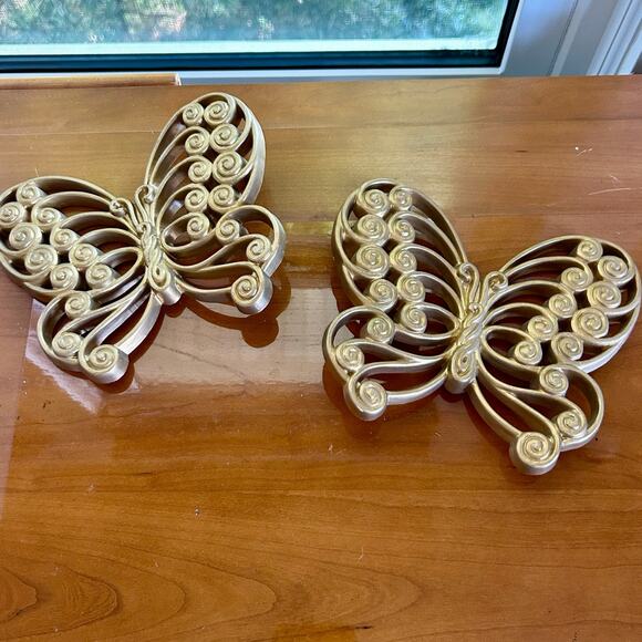 Set of 2 Vintage Burlwood MCM Butterfly Wall Hangings – Retro Swirl Design - Picture 1 of 12